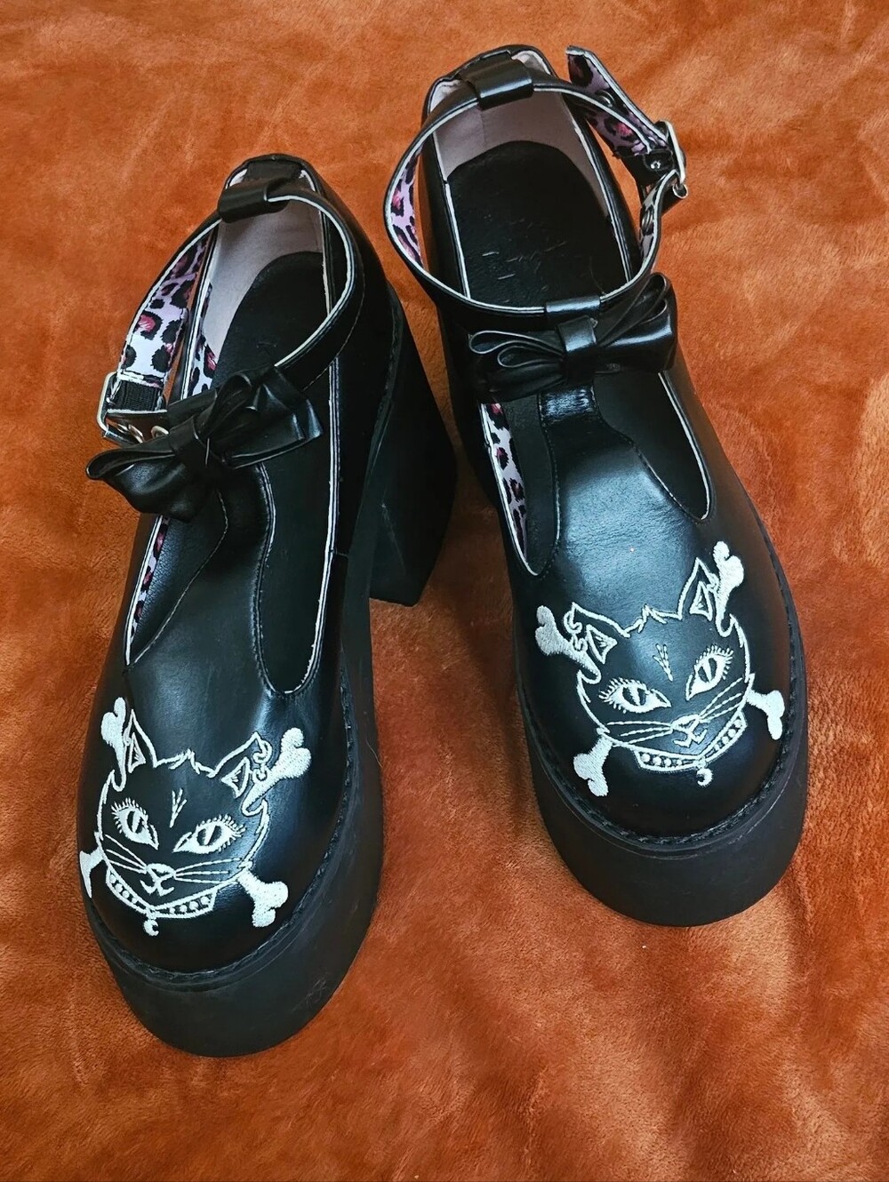 Dolls Kill Black Platform Mary Janes with White Cat Skull Embroidery
